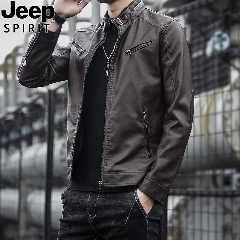 Jeep吉普海宁皮夹克男士PU皮衣秋冬韩版潮流立领机车服工装夹克男