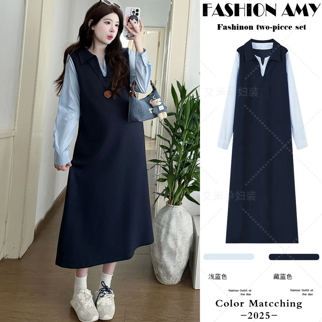 孕妇连衣裙秋冬新款时尚韩版气质V领拼接假两件宽松大码显瘦裙子1