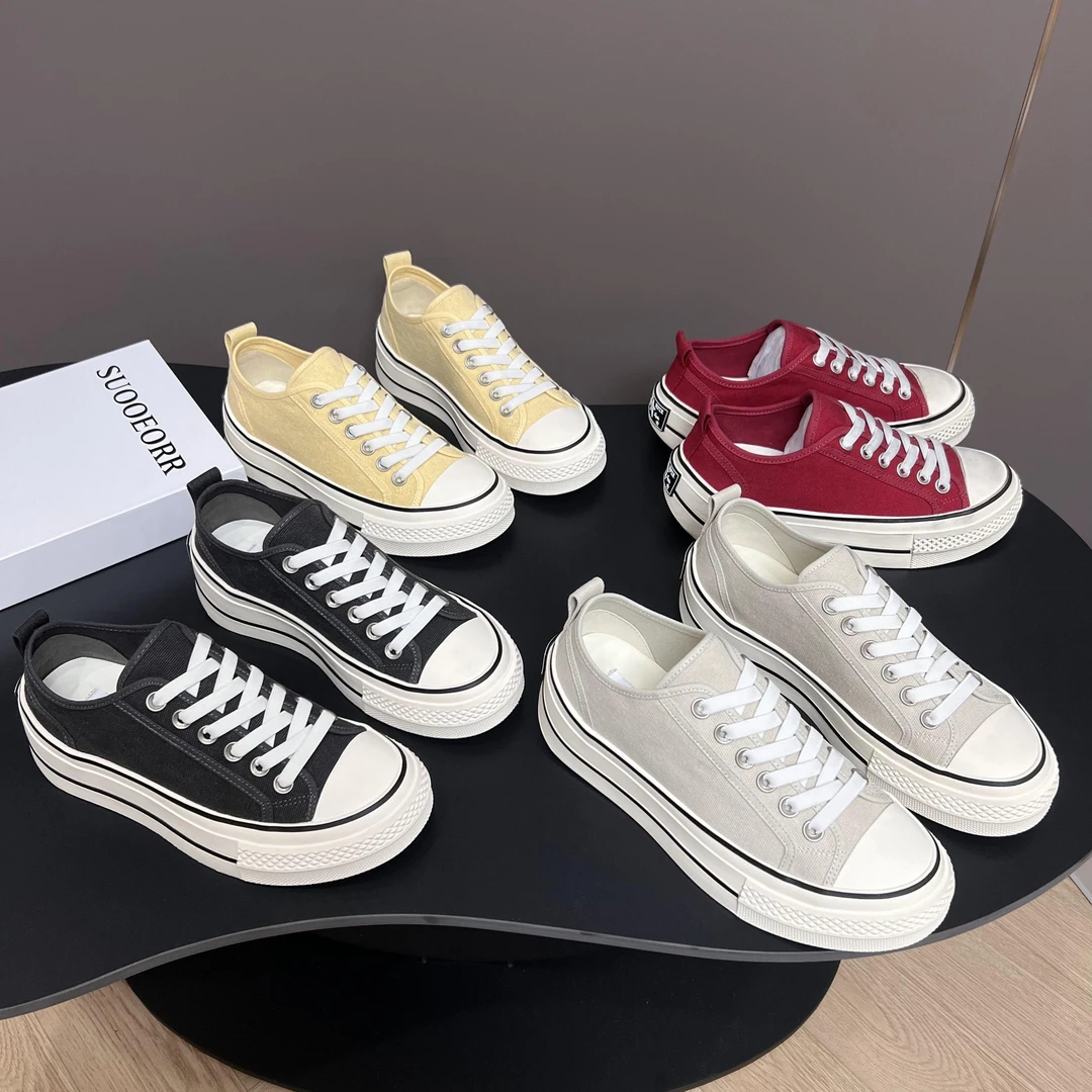 欧货真皮女鞋2025新品水洗透气舒适厚底帆布鞋低帮板鞋运动休闲鞋