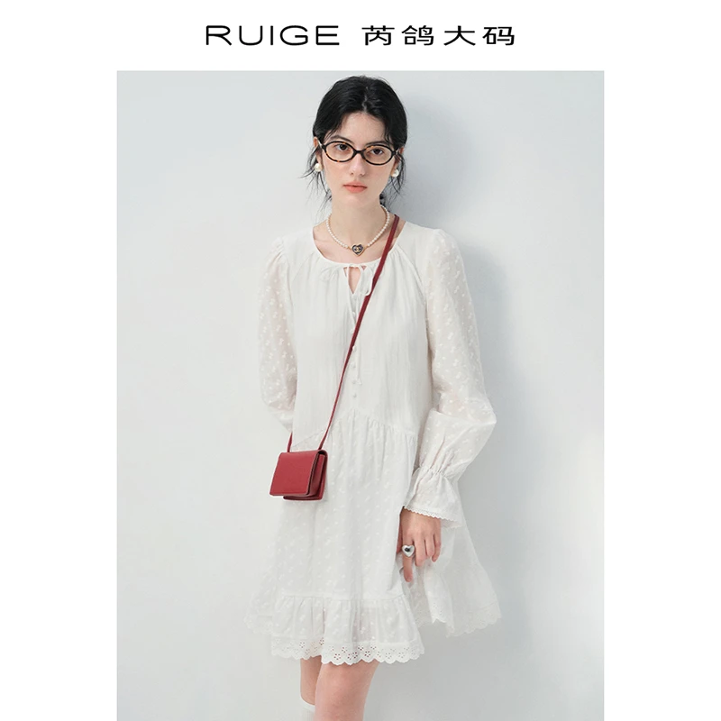 芮鸽微胖定制白色a字连衣裙蕾丝显瘦宽松微胖mm长袖裙子0876YY