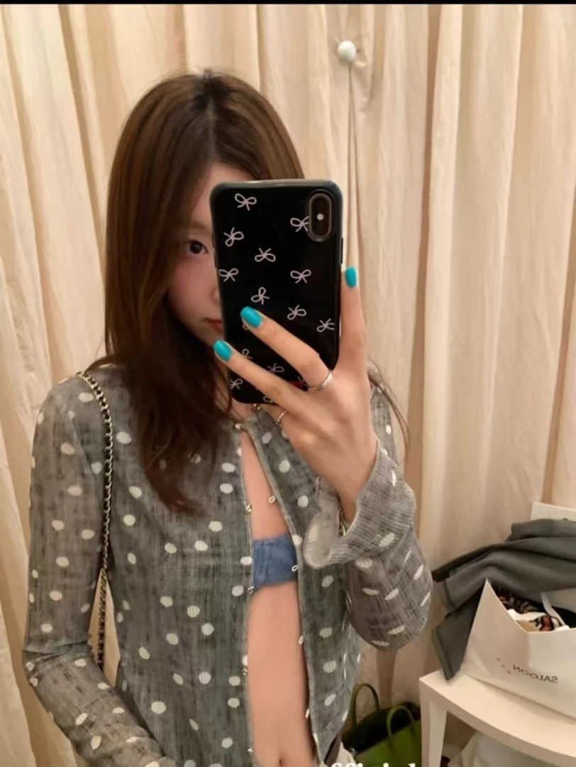 【现货9734】小众设计感蕾丝提花网纱印花波点开衫修身短款小衫女