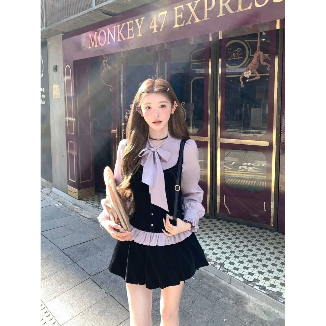 x韩系气质甜美白月光氛围感套装荷叶边假两件上衣+半身裙两件裙子