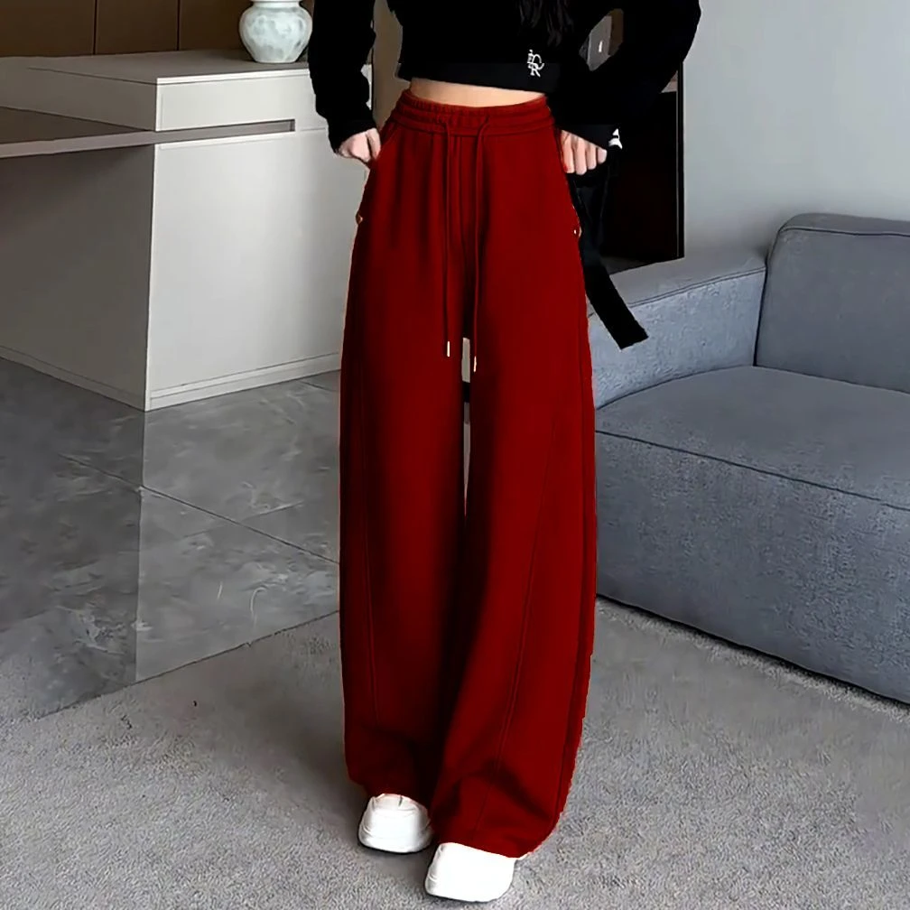 2025春秋高级感橘红色直筒休闲裤安可拉红百搭高腰阔腿镰刀长裤女