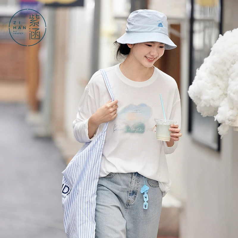 紫涵防晒宽松长袖T恤女2025夏季新款松弛感云朵印花蓝色休闲上衣