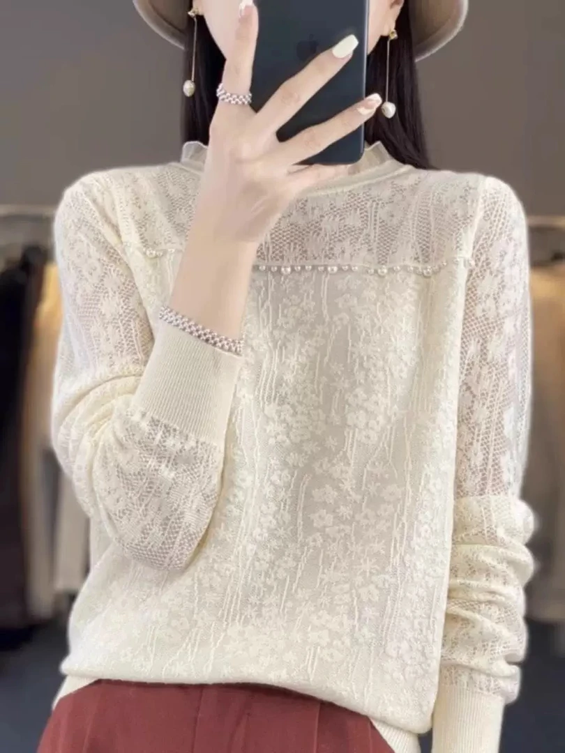 蕾丝打底衫 新款洋气内搭显瘦减龄大码长袖针织上衣