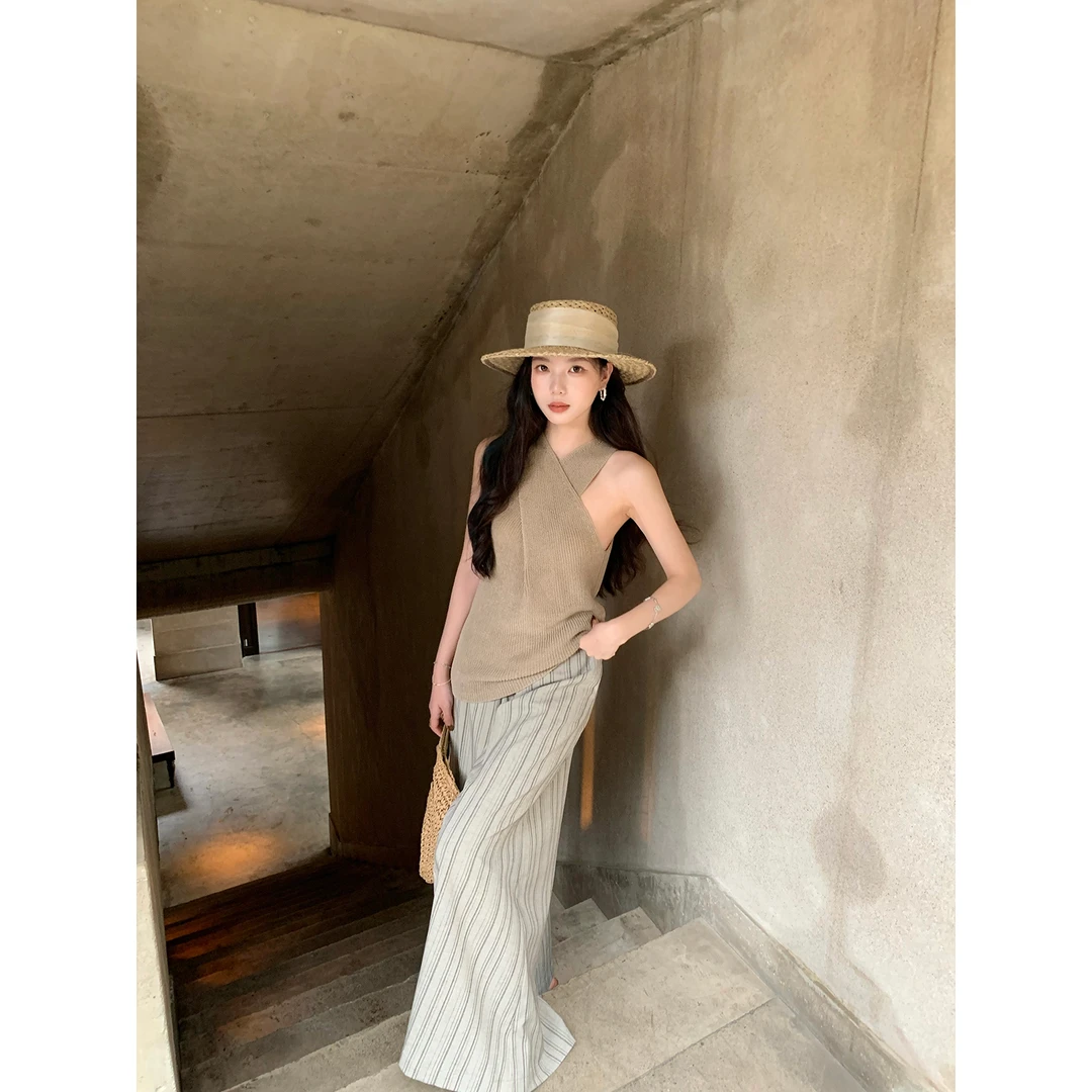 ICELOLLY纯欲风挂脖针织背心吊带女夏外穿2025新款无袖显瘦小上衣