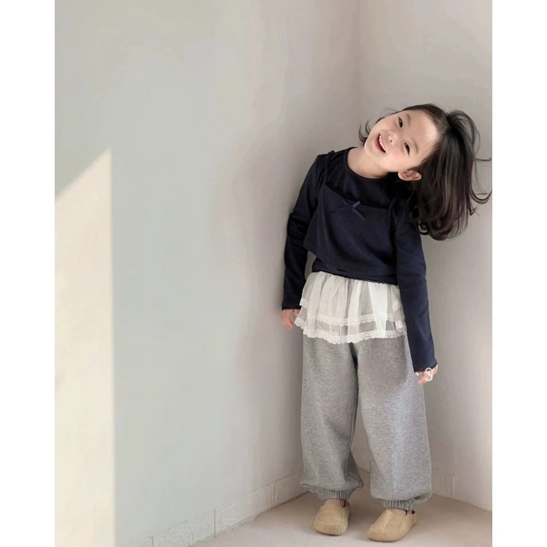 2025春季新款女童假两件韩版百搭网纱裙屁帘卫裤休闲裤背心套装