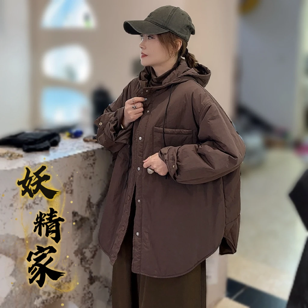 90035【妖精家】秋冬轻薄连帽宽松中长款衬衫式夹棉外套