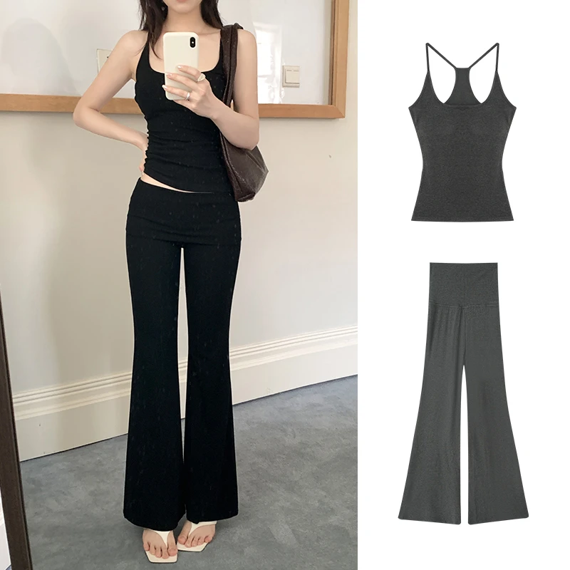 Miss sumey#0930#0931自制挂脖带胸垫美背吊带+翻折腰头微喇裤子