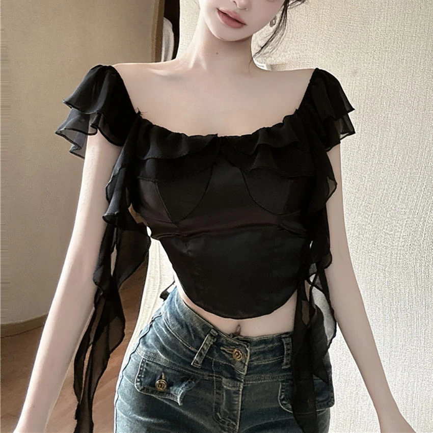 甜美修身10万夏衬衫不规则设计感月销木耳边女吊带【】上衣一字肩