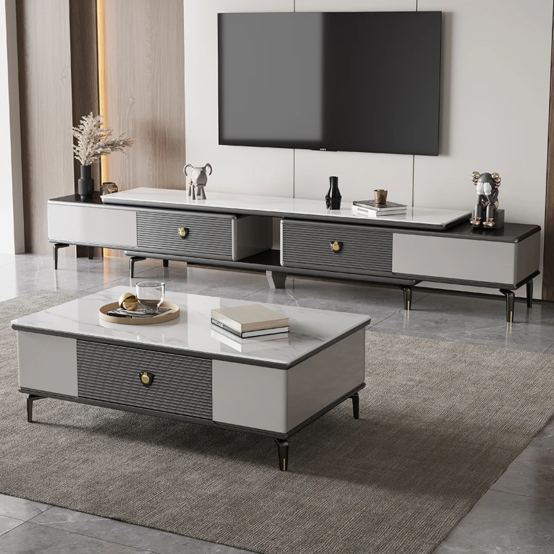 意式轻奢可伸缩岩板电视机柜现代简约电视柜茶几组合套装2311