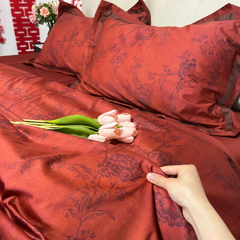美式复古风结婚四件套全棉纯棉喜庆印花轻奢高级感红色婚庆套件