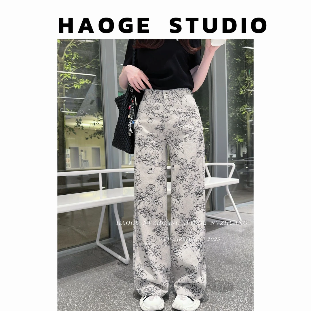 浩哥严选●罗勒之花C5NZK4990A牛仔裤预直筒印花高街设计感显瘦款