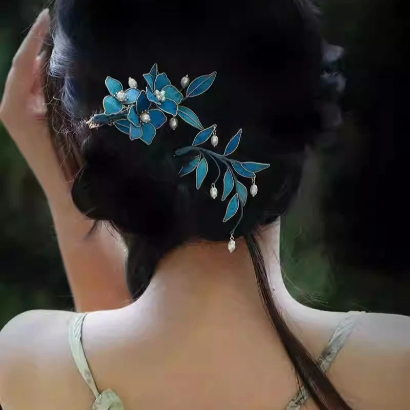 YIZUN.CHOMEL蓝色布绒竹叶簪子 手工掐丝花朵盘发 清汉女新娘中式