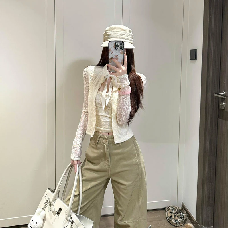 2025秋季新款chic网红少女感蕾丝蝴蝶结系带开衫+内搭吊带+阔腿裤