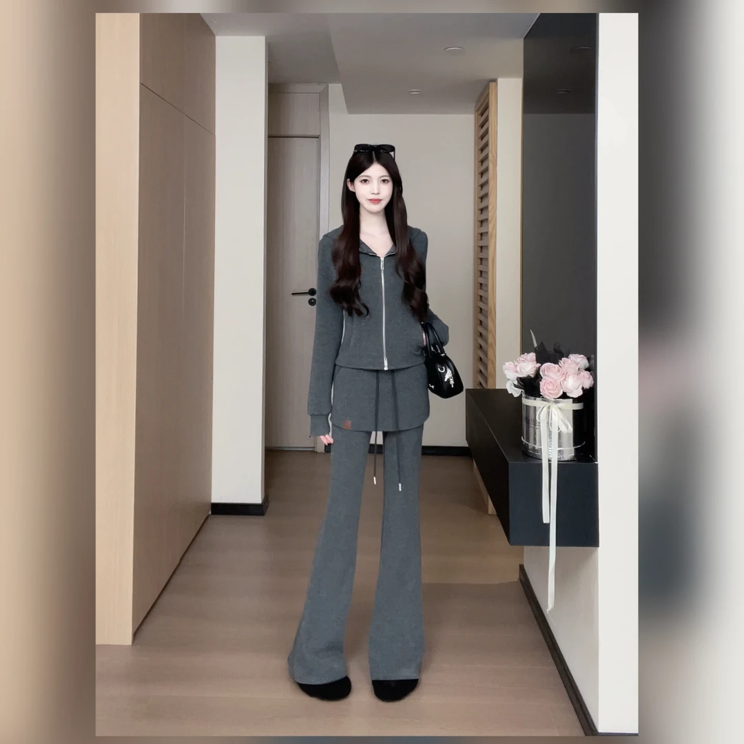 松本丧丧早秋深灰系穿搭休闲慵懒韩系卫衣长裤两件套套装