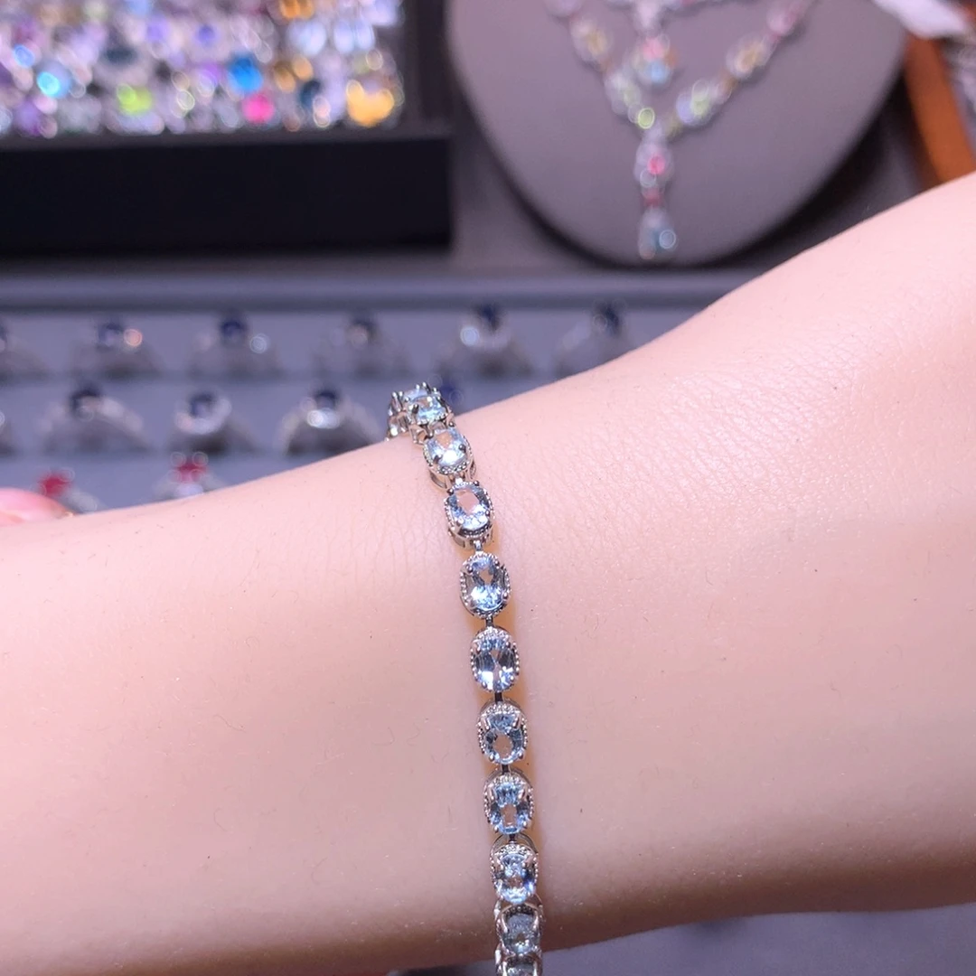 妮***~海蓝宝石手链银S925镶嵌