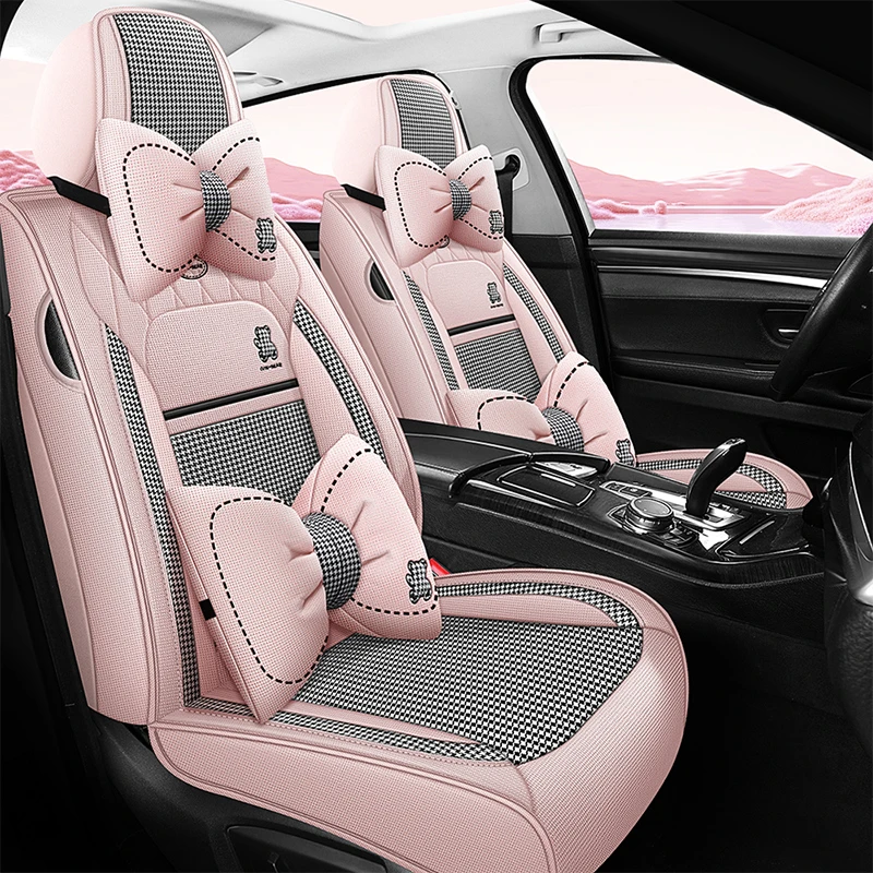 千鸟格汽车座套四季通用亚麻座椅女神坐套布艺坐垫网红棉麻座位套
