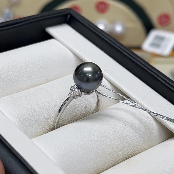 海水珍珠戒圈银S925镶嵌大溪地 9-10mm 48号