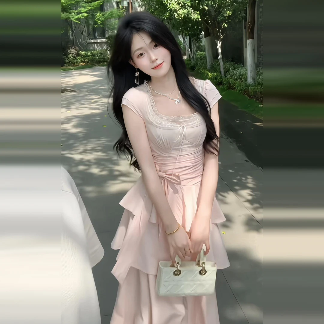 2025新款法式粉色连衣裙子女夏季不规则收腰公主蛋糕长裙洋气衣服