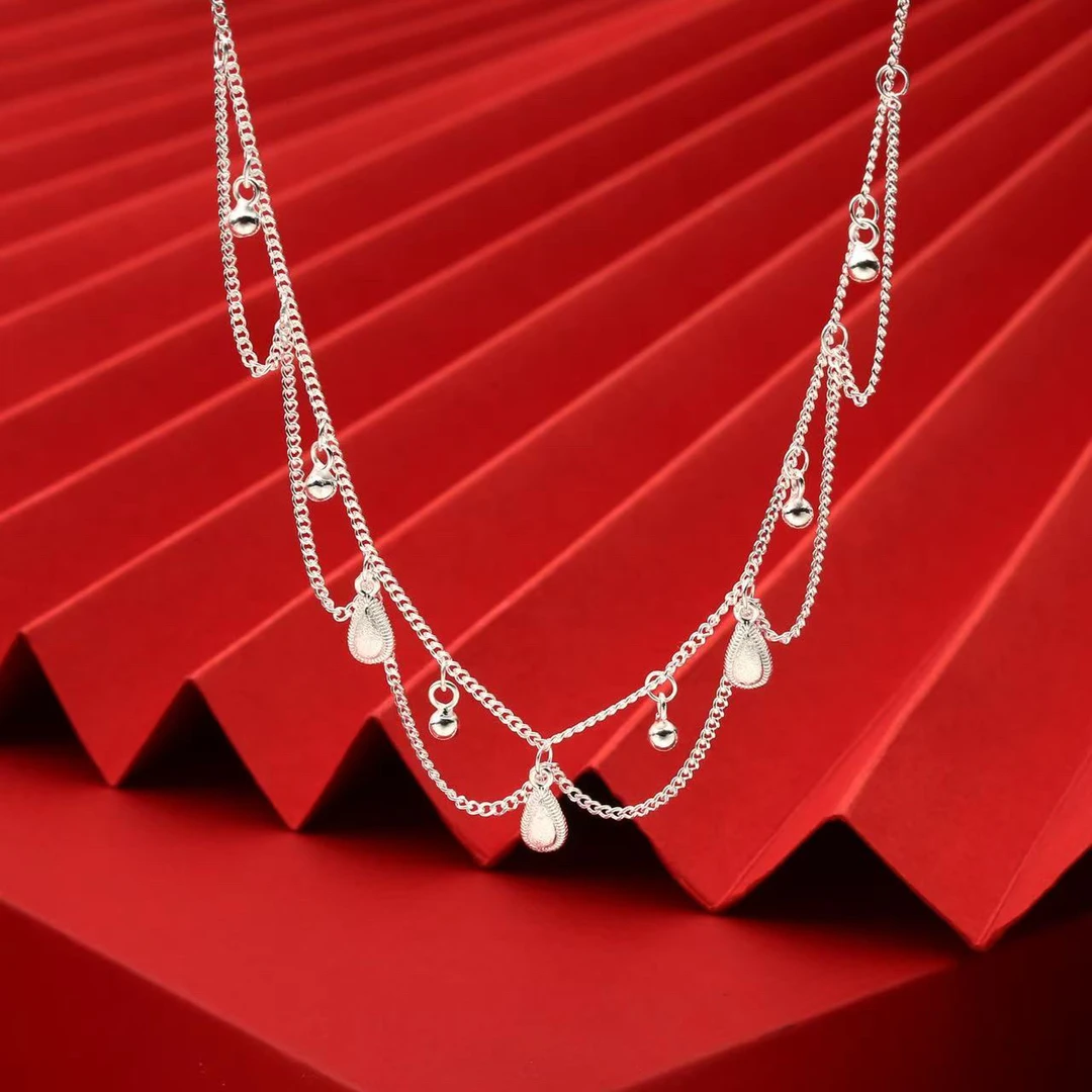 坠链均足银 990重版古巴链波西米亚蕾丝款磨砂水滴项链