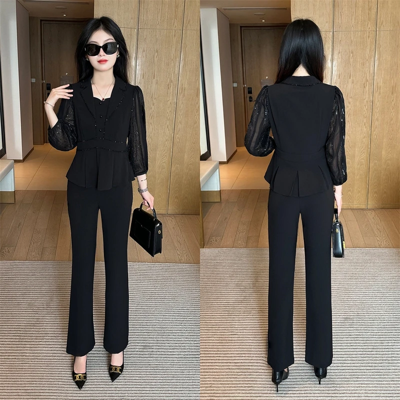 显瘦气质长袖洋气高腰时尚黑色小香风套装减龄女神范秋季休闲春秋