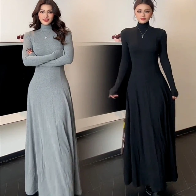 法式梨型身材高领连身裙女秋冬季掐腰修身显瘦包臀打底内搭长裙子