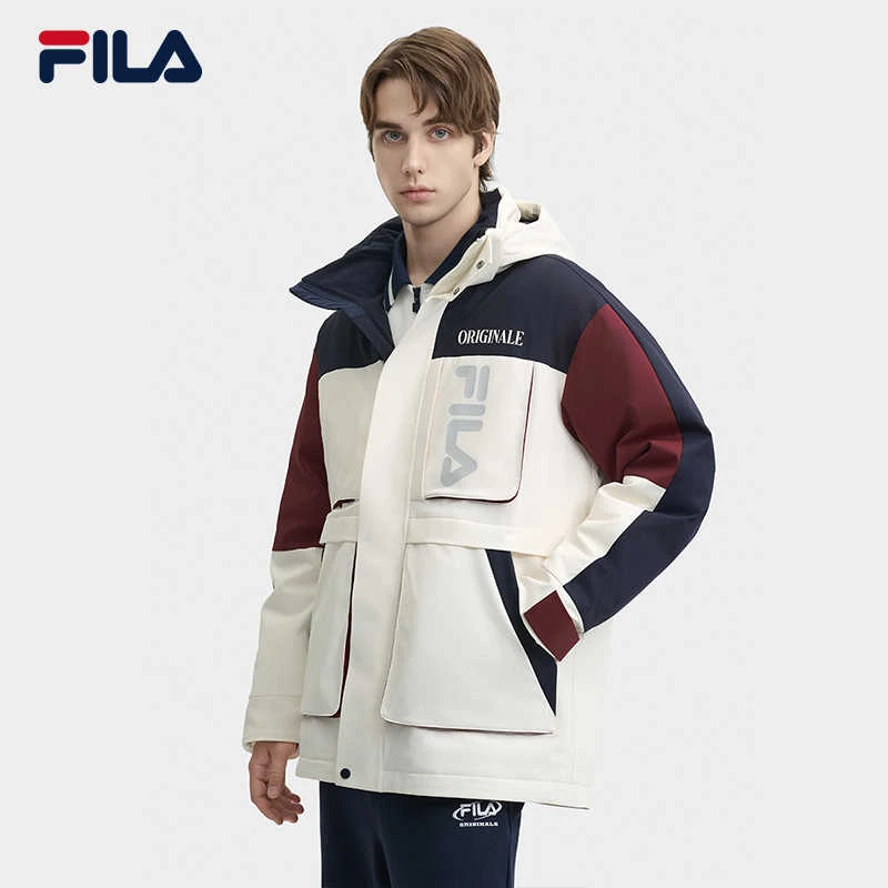 FILA斐乐男款冬季休闲经典配色保暖连帽派克羽绒服F11M449908F