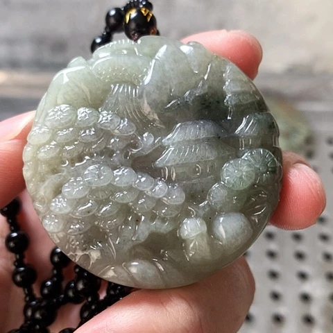 颈饰未镶嵌翡翠缅甸翡翠乌鸡山水牌