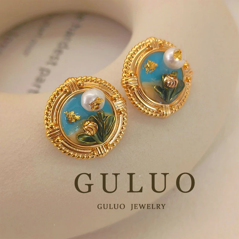 合金耳饰 GULUO 油画风莫奈花园耳钉郁金香百搭设计感高级感耳饰