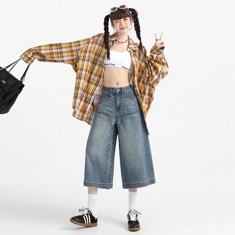 美式复古牛仔短裤女夏季直筒宽松阔腿中裤百搭辣妹慵懒七分裤子