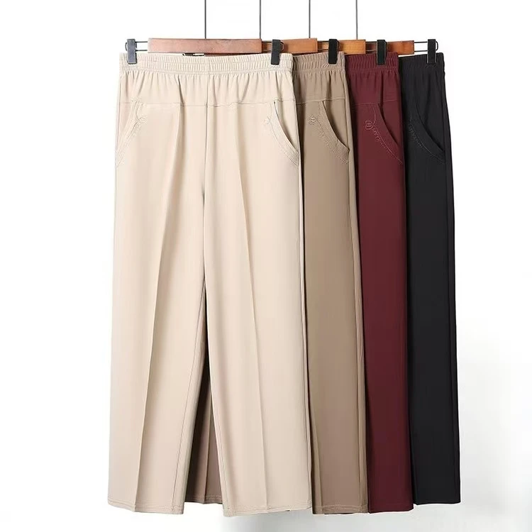 夏季大码女士薄款松紧腰百搭高腰直筒裤中老年时尚显瘦宽松九分裤
