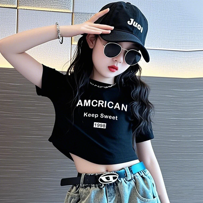 女童短款修身T恤2025夏季童装时髦小女孩字母短袖中大童洋气上衣