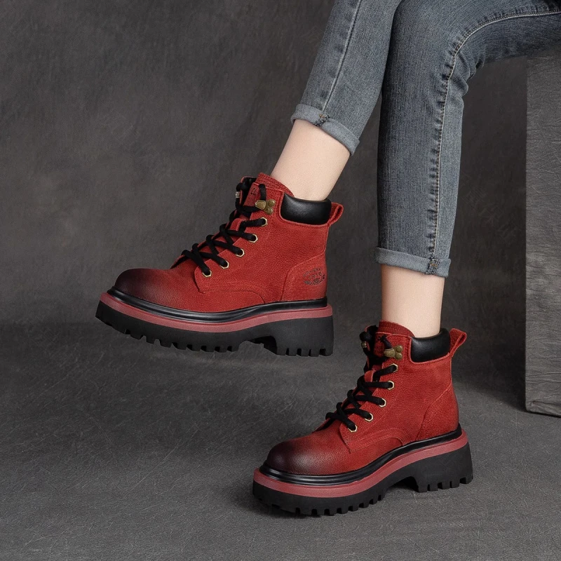 冬季真皮工装靴厚底英伦风马丁靴女牛皮高跟大黄靴女复古加绒加厚