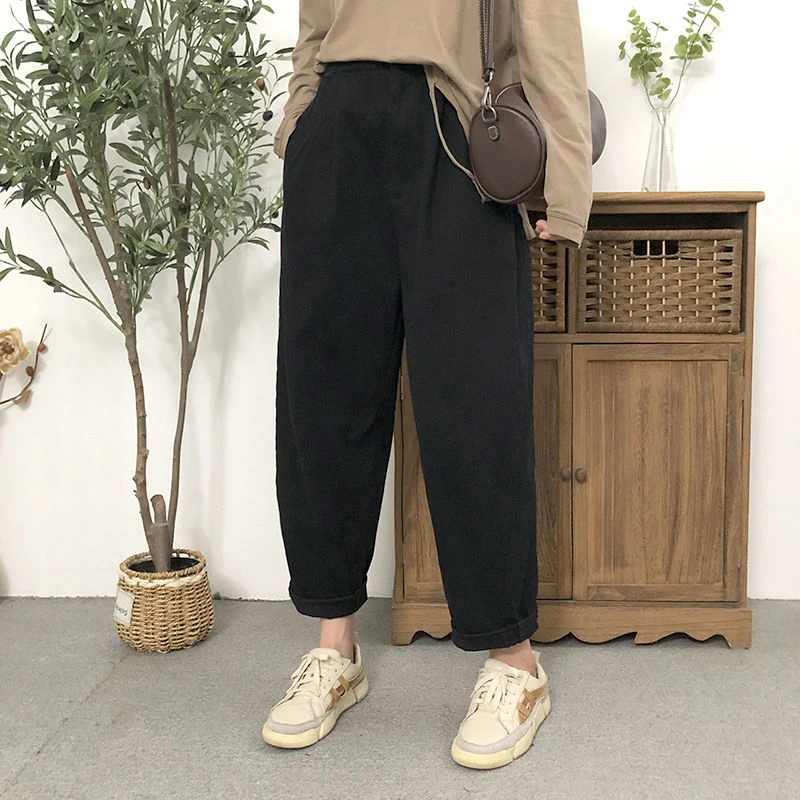 黑色百搭裤长裤新款薄款女高腰松紧腰宽松显瘦阔腿哈伦裤大码穿搭