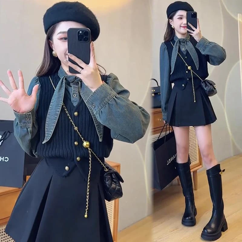 休闲套装百搭牛仔拼接毛衣女秋冬2024新款欧洲时尚假两件针织上衣