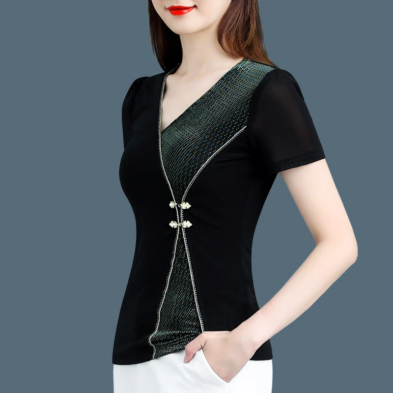 00302时尚设计感短袖t恤女夏拼接小衫收腰遮肚子上衣