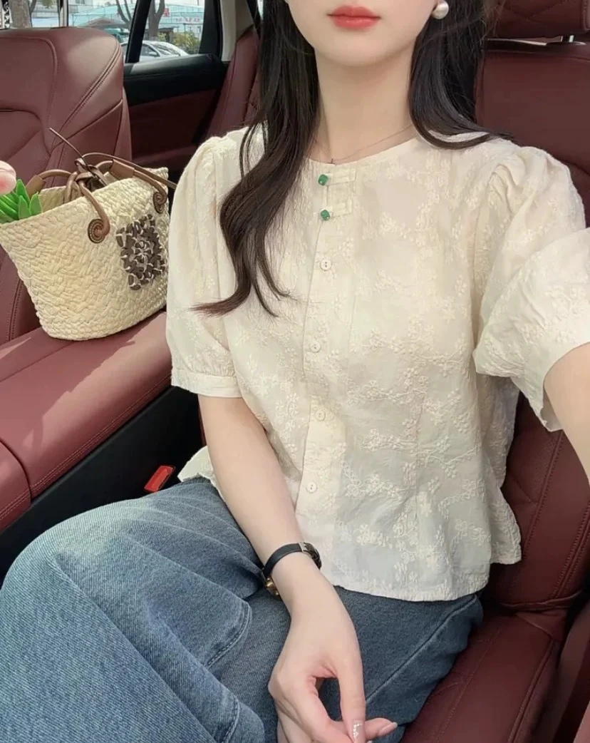 100%棉法式刺绣短袖衬衫女2025夏季新款设计感中国风高级感上衣