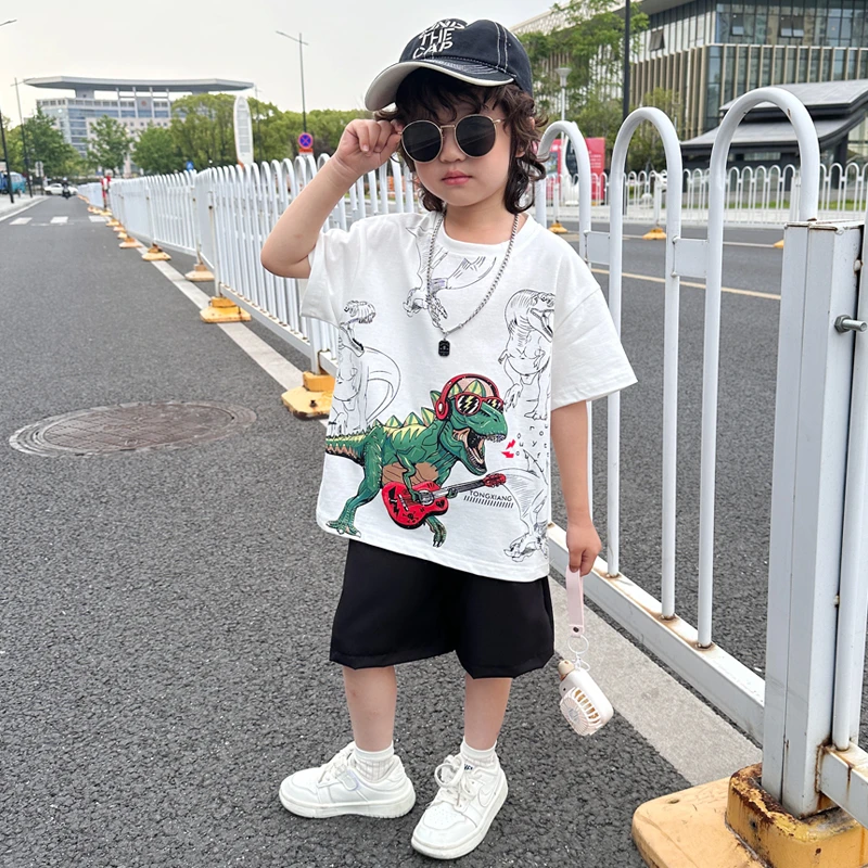 男童夏装套装2025新款儿童时髦恐龙短袖痞帅小男孩宽松运动两件套