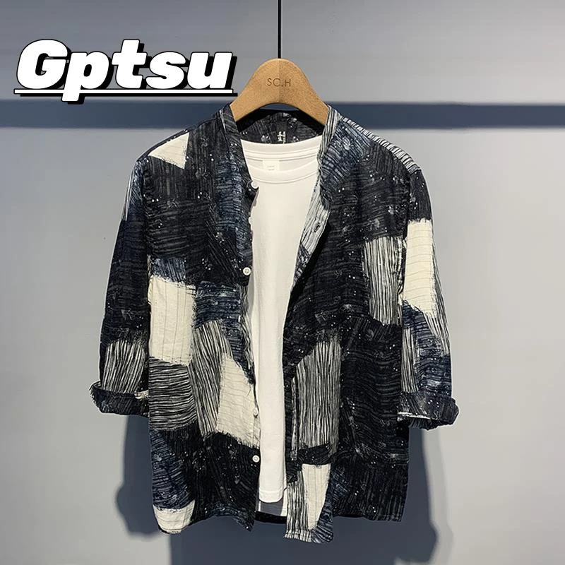 GPTSu特大码夏季休闲外套衬衫男士夏季拼接个性情侣衬衣潮牌衬衣