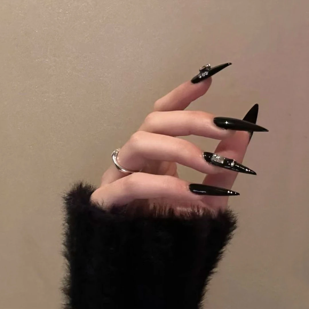 【暗夜精灵】纯手工暗黑纯欲甜酷辣妹夜店镶钻美甲长尖可拆卸穿戴甲