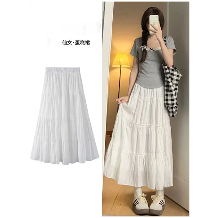 设计感高腰显瘦拼接中长款半身裙2025春季新款大码胖mm甜美蛋糕裙