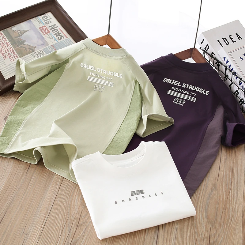 百搭T恤儿童短袖夏季新款2025男女童帅气潮童拼接重工中大童T恤