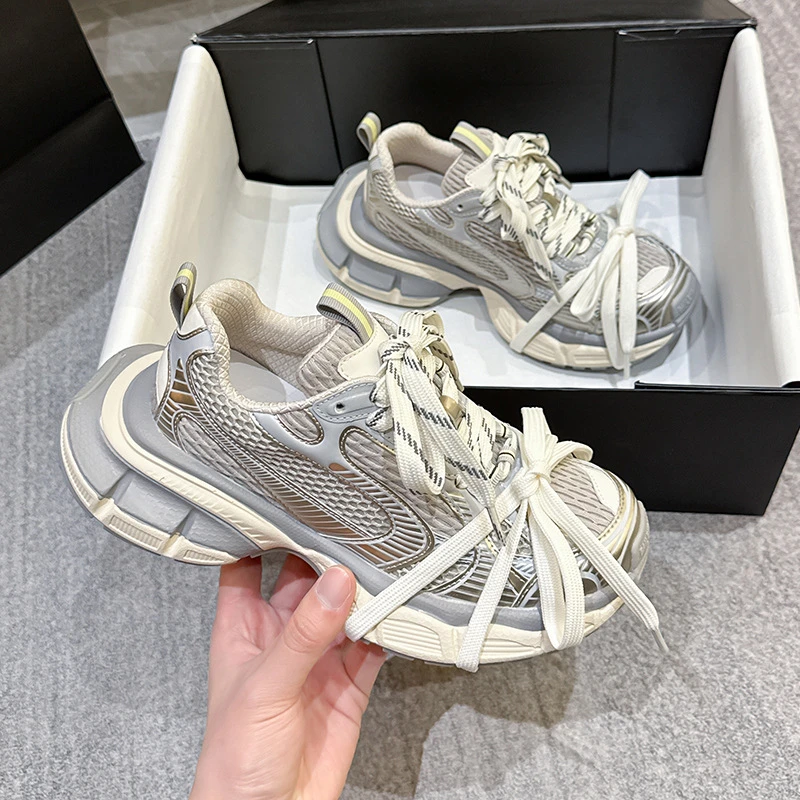 巴黎家3XL老爹鞋女2025春夏新款绑带网面透气厚底休闲百搭运动鞋