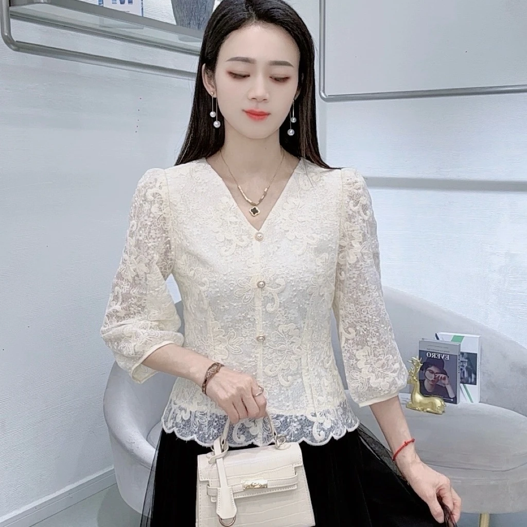 A8039春季新款设计感七分袖打底衫气质洋气百搭减龄小衫上衣