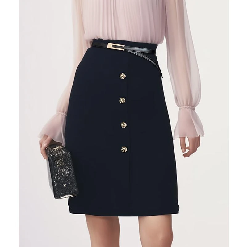 【诗语专属】AUI黑色高腰显瘦半身裙女2025春季新款-25W148955