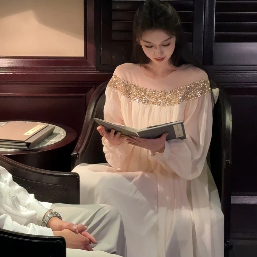 温柔系亮片拼接连衣裙女2025夏季流行单品新款长裙风情万种的裙子