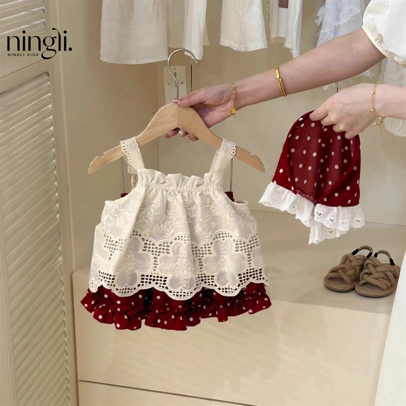 【送头巾】柠里小红帽森系公主风超仙爆款幼儿园红色波点洋气套装