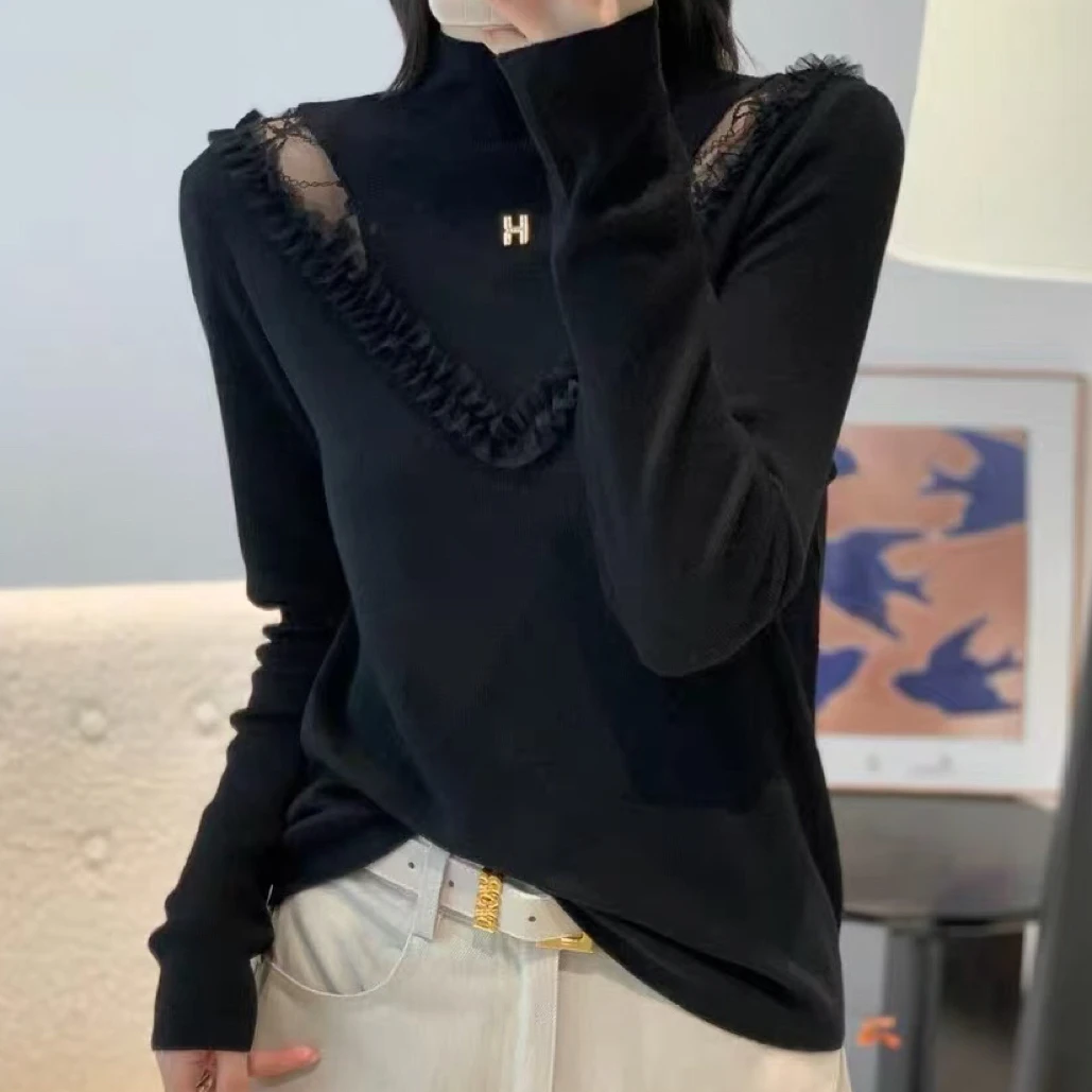 嘻哈风半高领常规长袖女拼接T恤套头显瘦ins气质网红9036时尚洋气