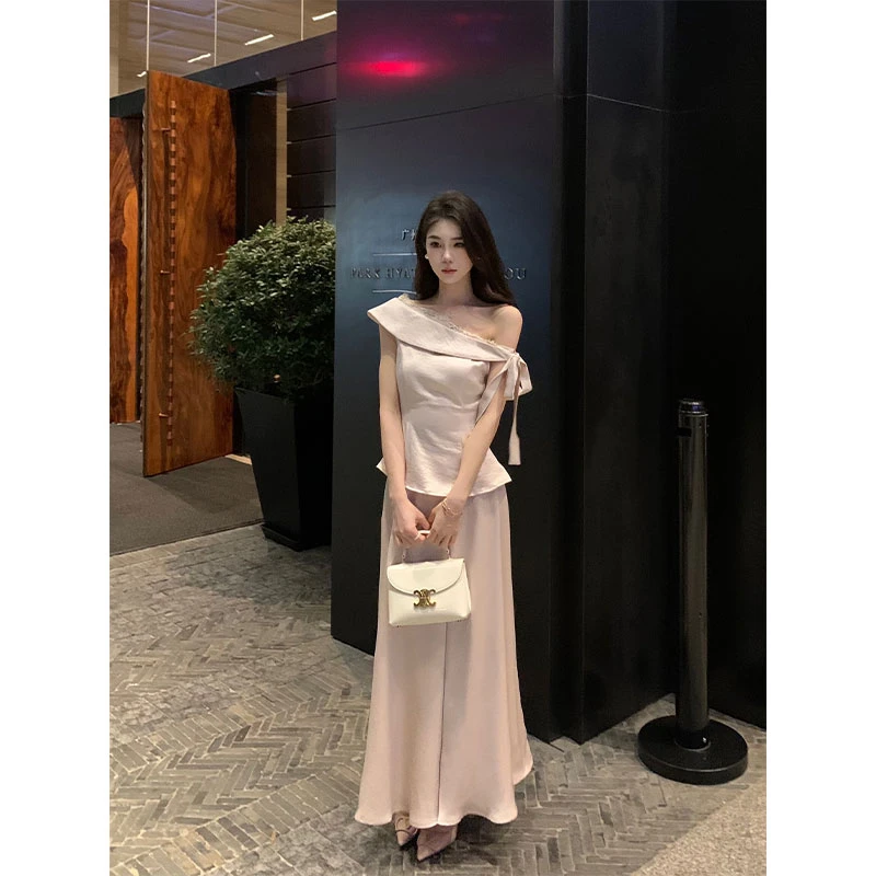 木子李的李【旧燕归巢】 夏季法式气质名媛斜肩抽绳上衣半身裙套装